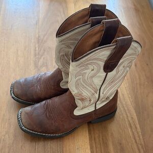Rank 45 Brown Leather Western Cowboy Boots with Cream Embroidered Shaft